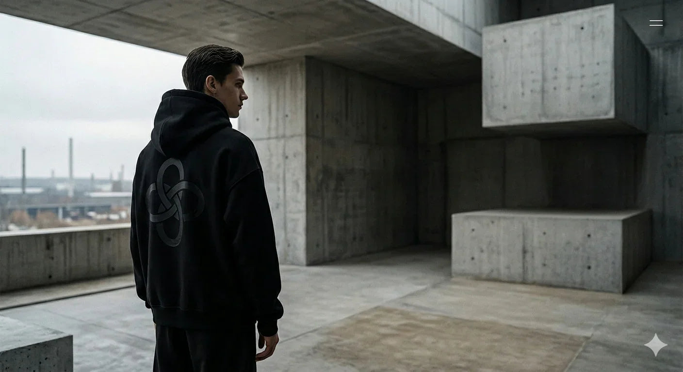 Man in black minimalist streetwear hoodie with geometric symbol, standing in urban concrete setting